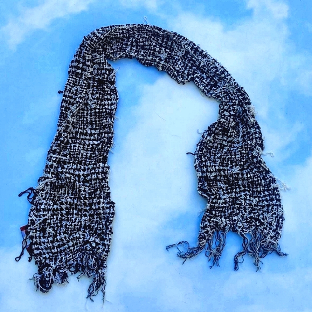 Vintage 90s Black & White Chenille Patterned Scarf Checkered Scarf Accessory
